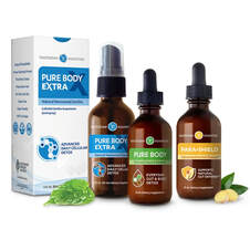 The Touchstone Essentials Zeolite Gut Detox Pack displayed on a white background, featuring three products: Pure Body Extra Natural Nanosized Zeolite oral spray with its box, Pure Body Natural Liquid Zeolite dropper bottle, and Para-Shield Advanced Herbal Cleanse dropper bottle. Fresh green leaves and ginger root accent the arrangement.